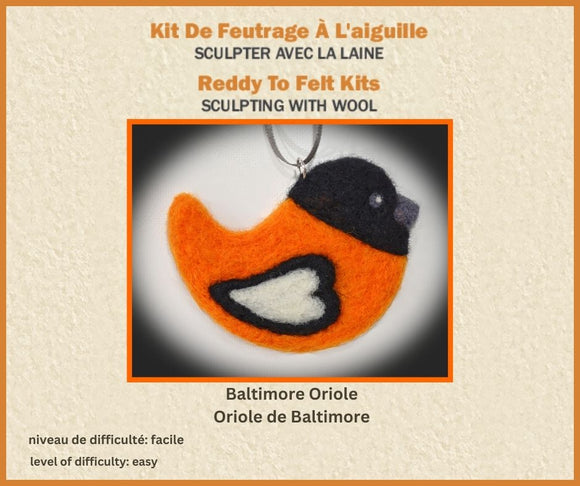 Kit de feutrage à l'aiguille -Oriole de Baltimore - Permet de réaliser 3 ornements