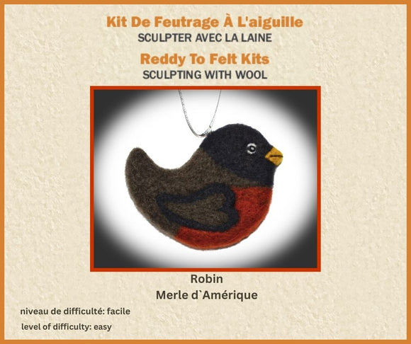 Kit de feutrage à l'aiguille Robin - Permet de réaliser 3 ornements